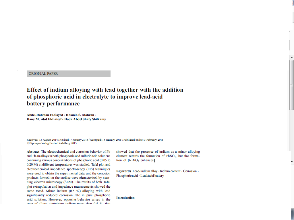Effect of indium alloying with lead together with the addition of phosphoric acid in electrolyte to improve lead-acid battery performance